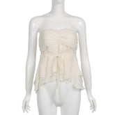 Chiffon ruched solid self tie zip-up backless tube top